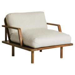 Kuki Armchair Handmade in Teak Linen Rattan Scandi Style, In Stock
