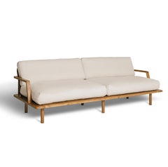 Kuki Sofa Three Seat Handmade in Teak Linen Rattan Scandi Style, In Stock