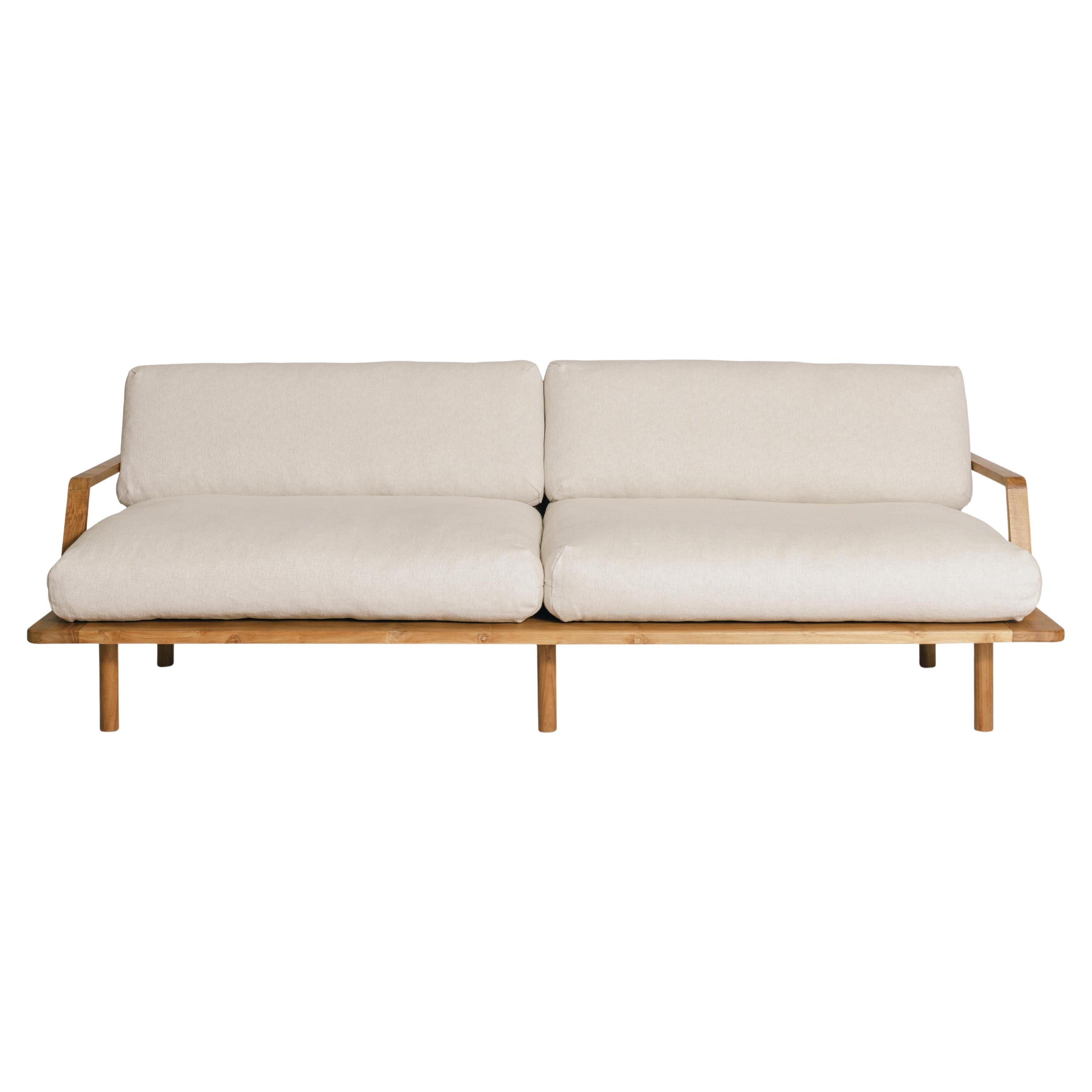Kuki Sofa Three Seat Handmade in Teak Linen Rattan Scandi Style, In Stock