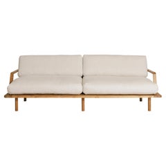 Kuki Sofa Three Seat Handmade in Teak Linen Rattan Scandi Style, In Stock