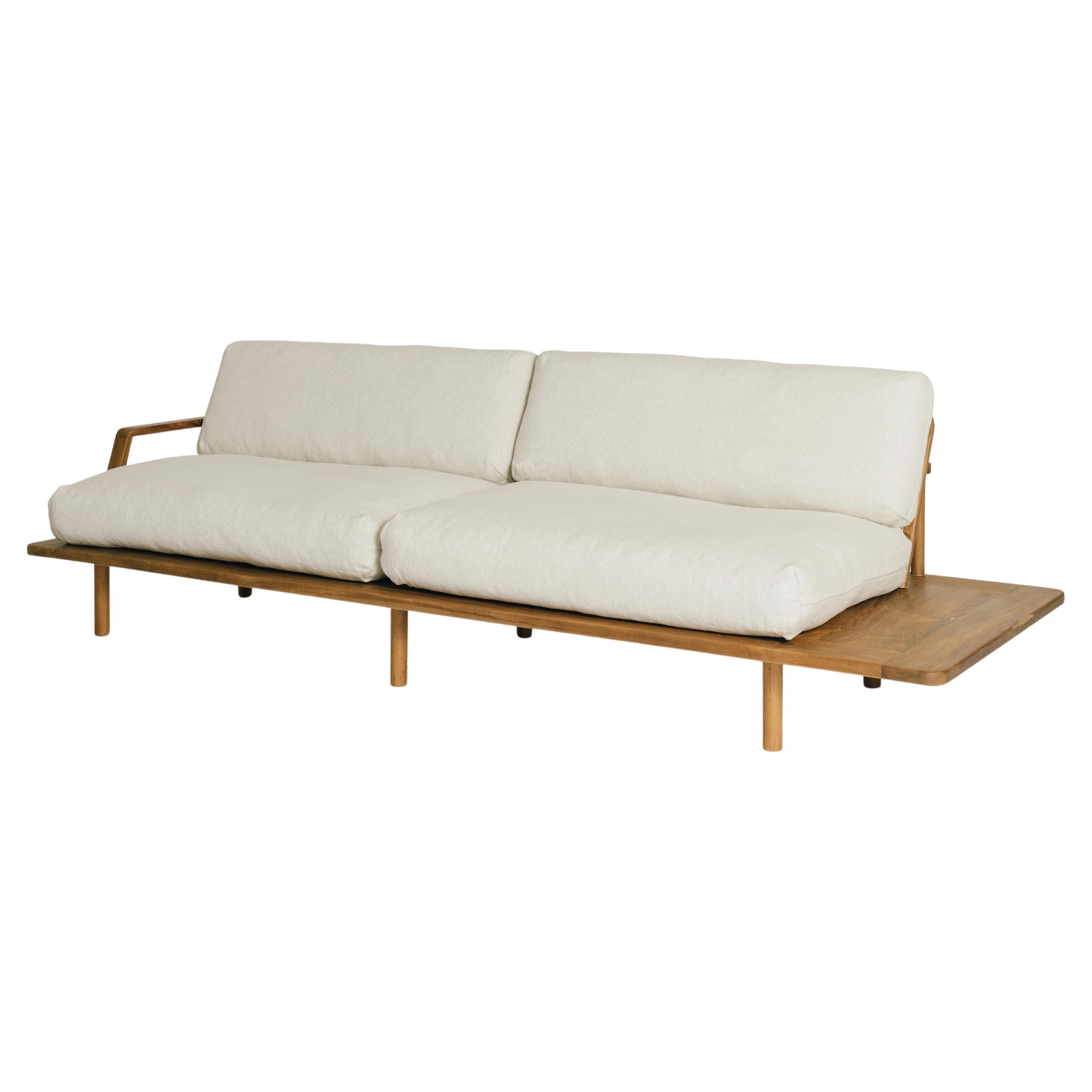 Kuki Sofa Three Seat Handmade Teak Linen Rattan Side Table Scandi Style In Stock