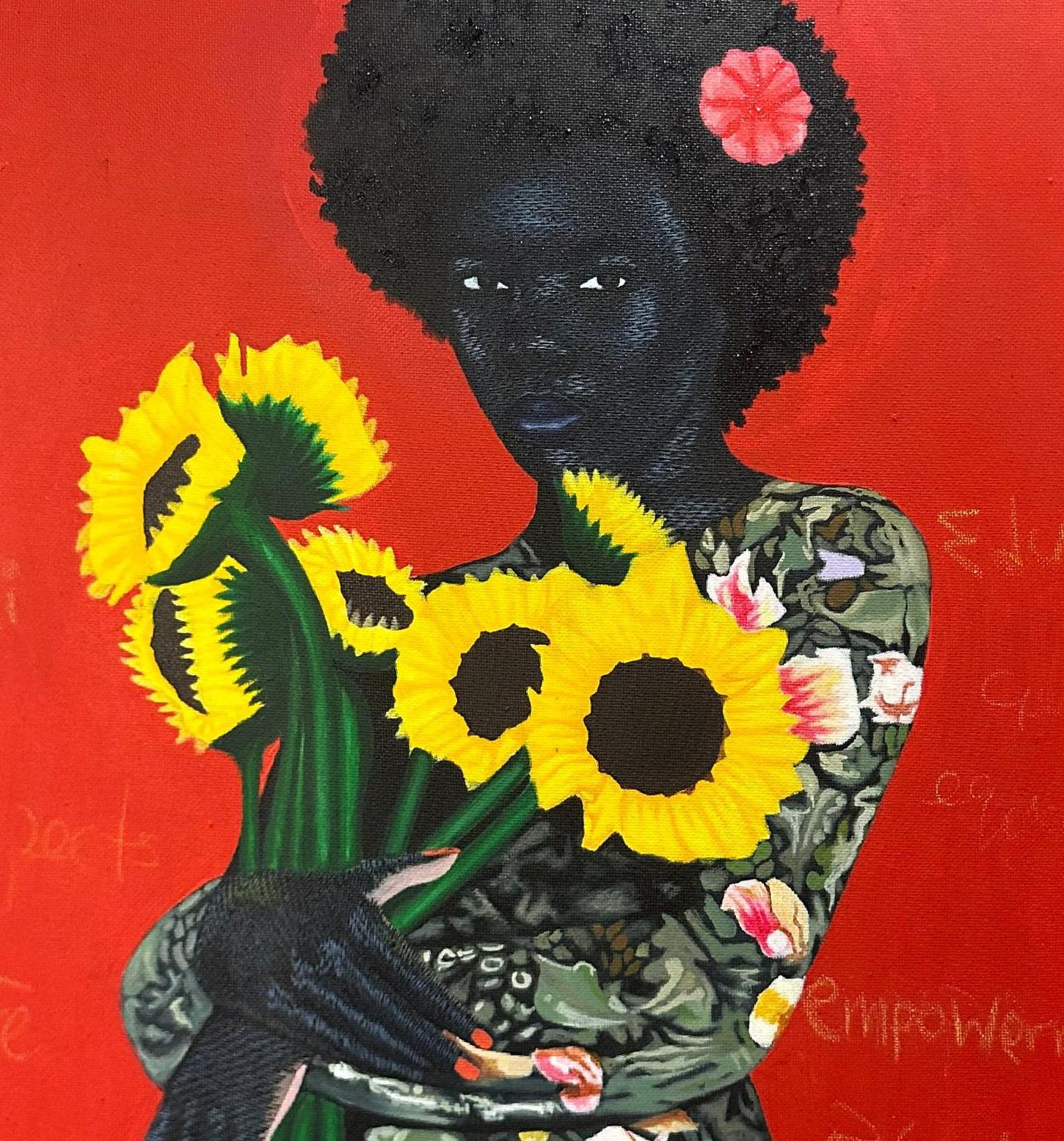 Ewie - 21. Jahrhundert, Zeitgenössisch, Figuratives Porträt, Floral, Modern, Frauen (Rot), Portrait Painting, von Kum Cletus