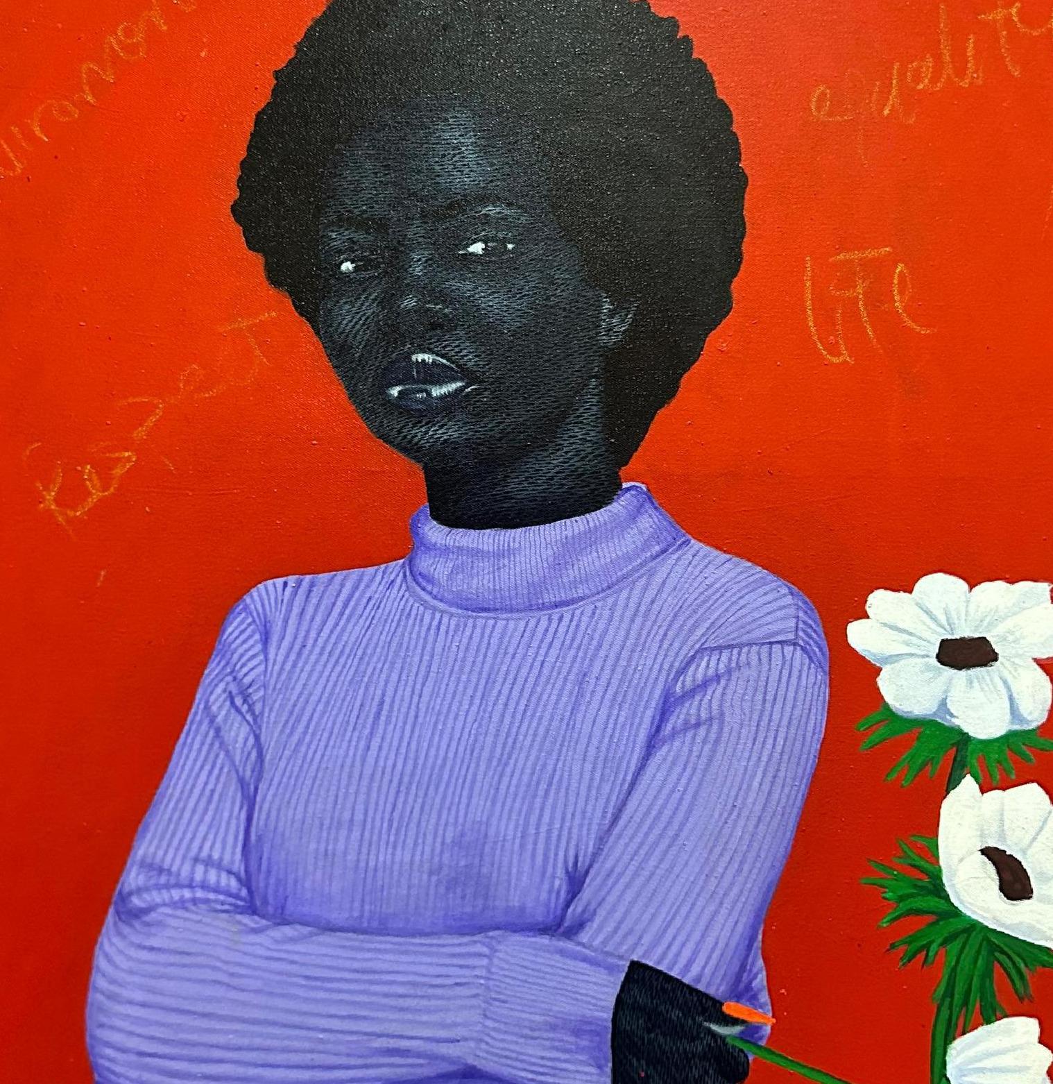 Rebecca - 21. Jahrhundert, Zeitgenössisch, Figuratives Porträt, Floral, Modern, Frauen (Rot), Figurative Painting, von Kum Cletus