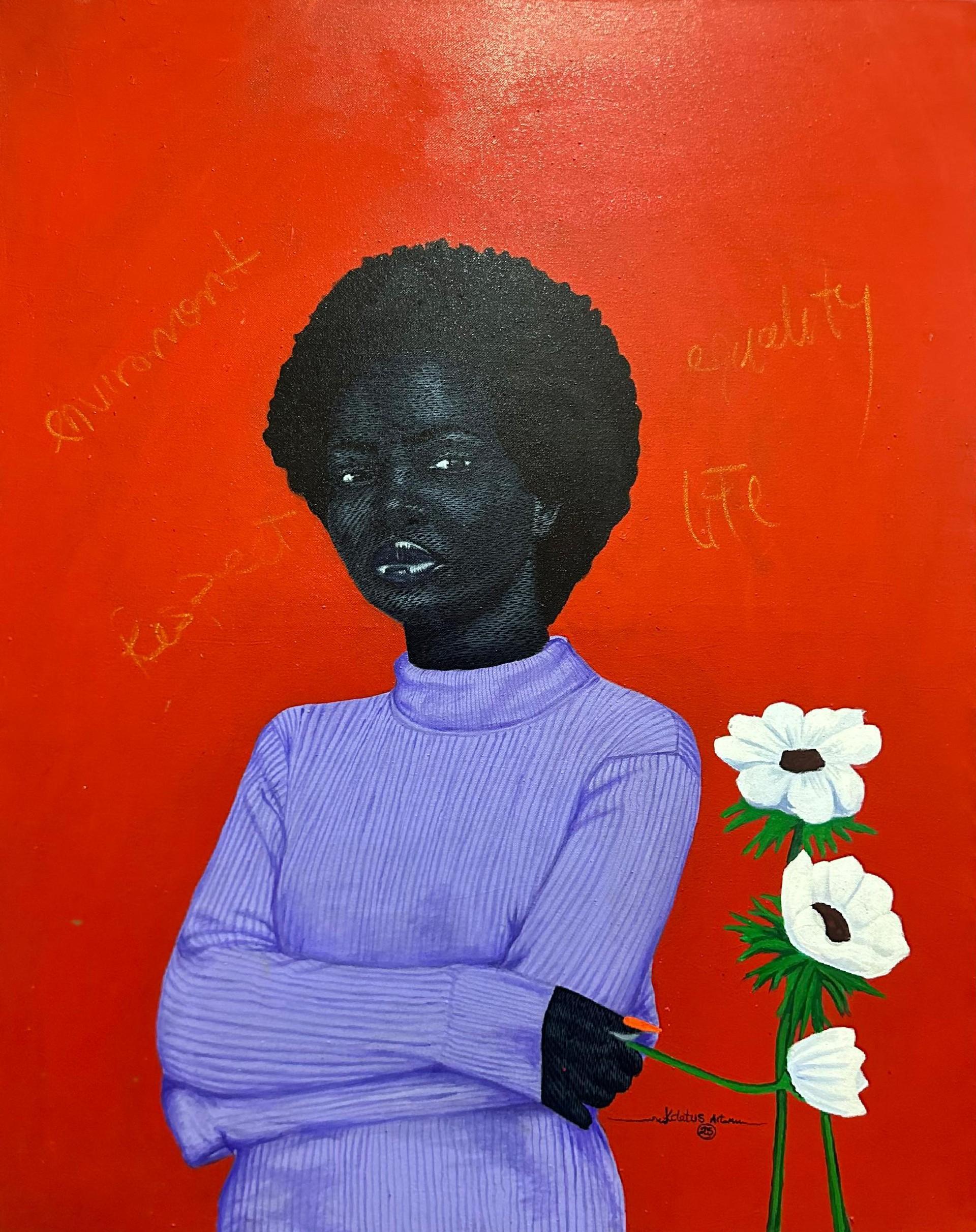 Kum Cletus Figurative Painting – Rebecca - 21. Jahrhundert, Zeitgenössisch, Figuratives Porträt, Floral, Modern, Frauen