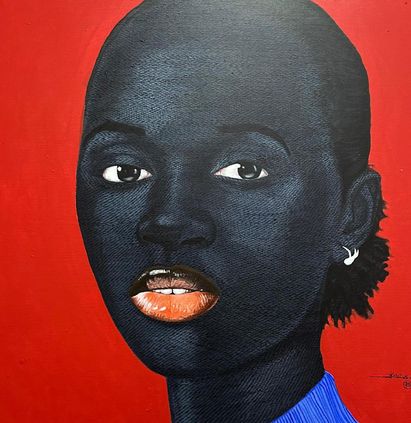 Untitled 3 - 21st Century, Contemporary, Figurative Portrait, Modern, Women - Red Portrait Painting by Kum Cletus