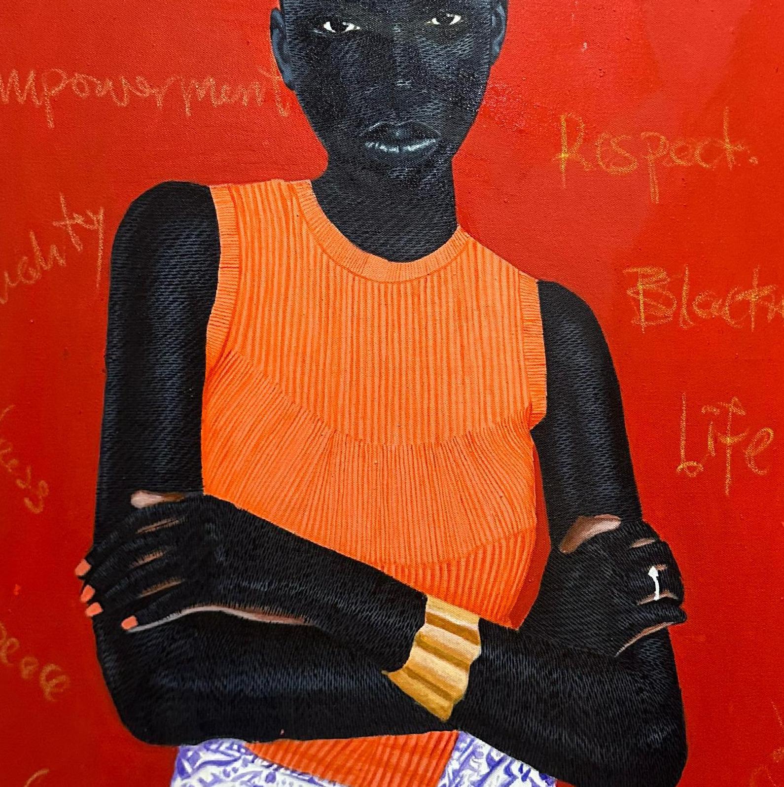 Ohne Titel 4 - 21. Jahrhundert, Zeitgenössisch, Figuratives Porträt, Modern, Frauen (Rot), Portrait Painting, von Kum Cletus