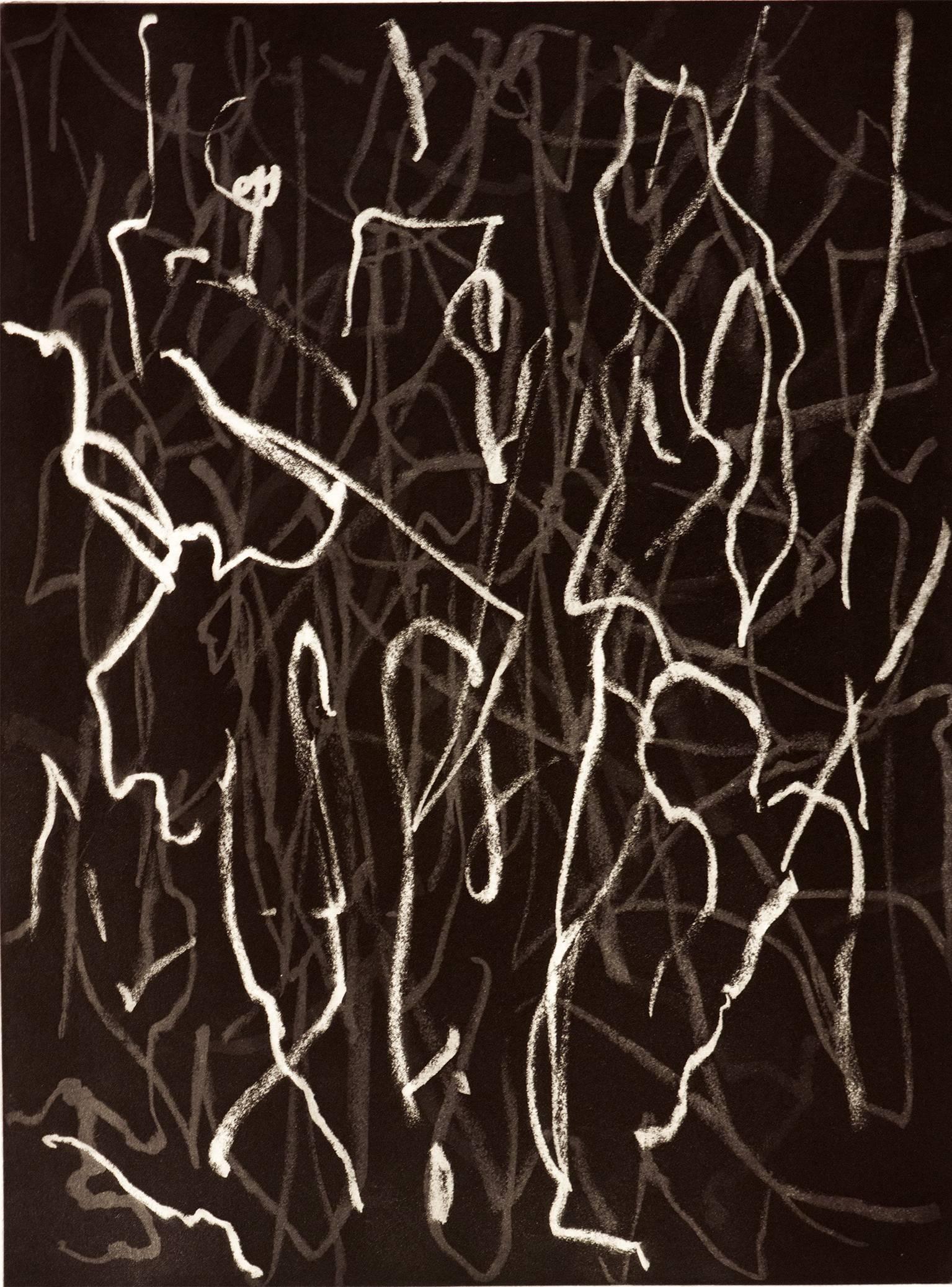 Kumi Korf Abstract Print - "Dream Talk", abstract calligraphic aquatint print, black and white, Japanese.
