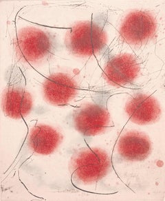 "Eleven", abstract etching, spit bite print, red, gray, Asian influenced.