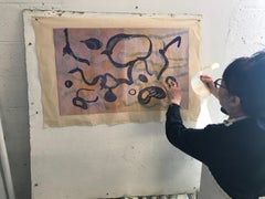 "Folkloric Purple Tree", abstract landscape aquatint print, gold, green, red.