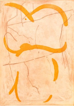 Heart Tied on Warmly, abstract etching, aquatint print, yellow, orange.