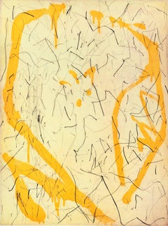 "Kapok Flight", abstract calligraphic aquatint, etching print, yellow, black.