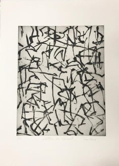 "Letters in Vermont", abstract black and white Japanese calligraphic print,