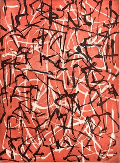 “Letters in Vermont Red”, abstract calligraphic aquatint print, red, sanguine.