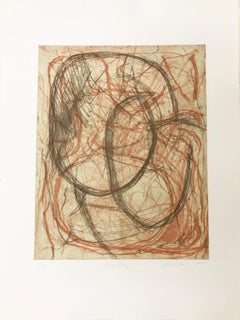 "May Day", abstract calligraphic soft ground etching print, sanguine, graphite.