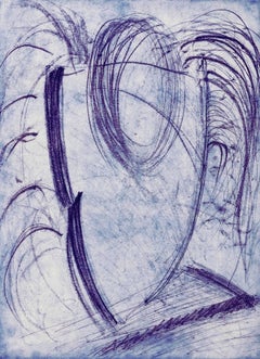"Me Be Blue", abstract soft ground etching, aquatint print, blue, violet.