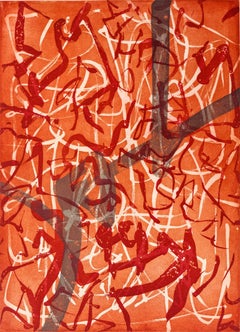 "Promised Dance", abstract aquatint, etching print, red, sanguine, graphite.