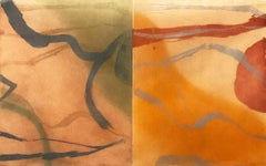 "Skin Of Water, Variation One", abstract landscape aquatint print, red, yellow .