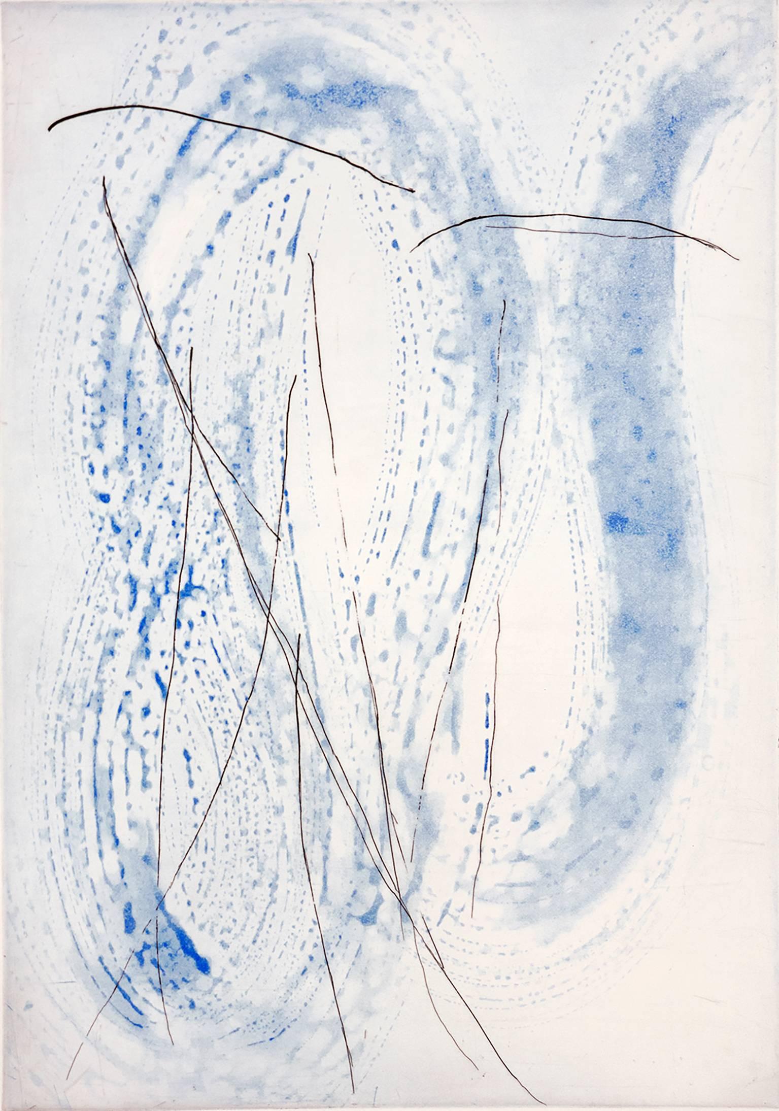 "Sussuro Whisper", ultramarine blue, black, abstract spit bite aquatint print,  - Print by Kumi Korf