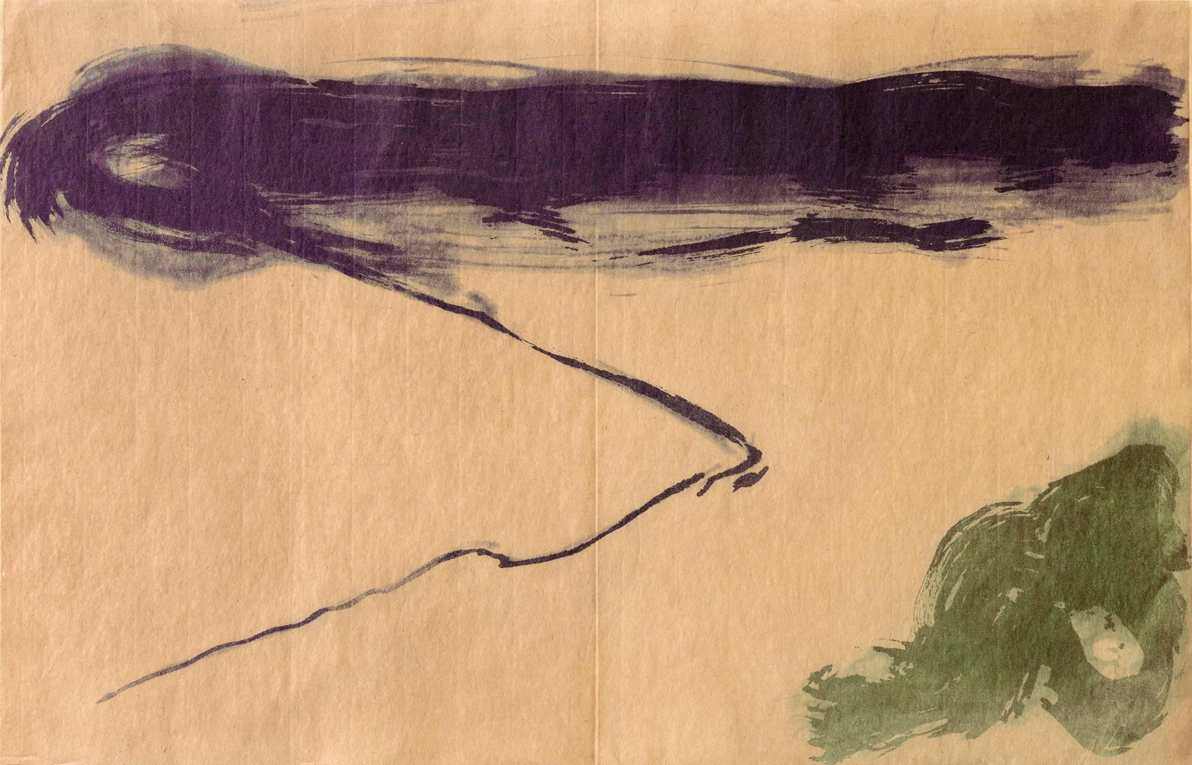 Kumi Korf Abstract Print - “View Early Morning”, abstract landscape aquatint print, violet, sap green.