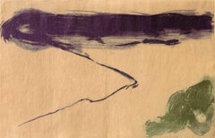“View Early Morning”, abstract landscape aquatint print, violet, sap green.