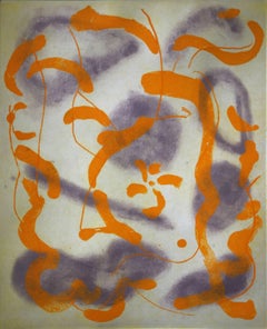 "Viewing Through", abstract etching print, violet, yellow, Asian influenced.  
