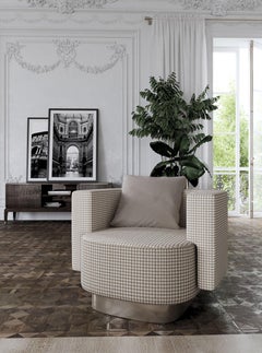 Italian Contemporary Lounge Upholstered Armchair in Gingham Pattern Fabric