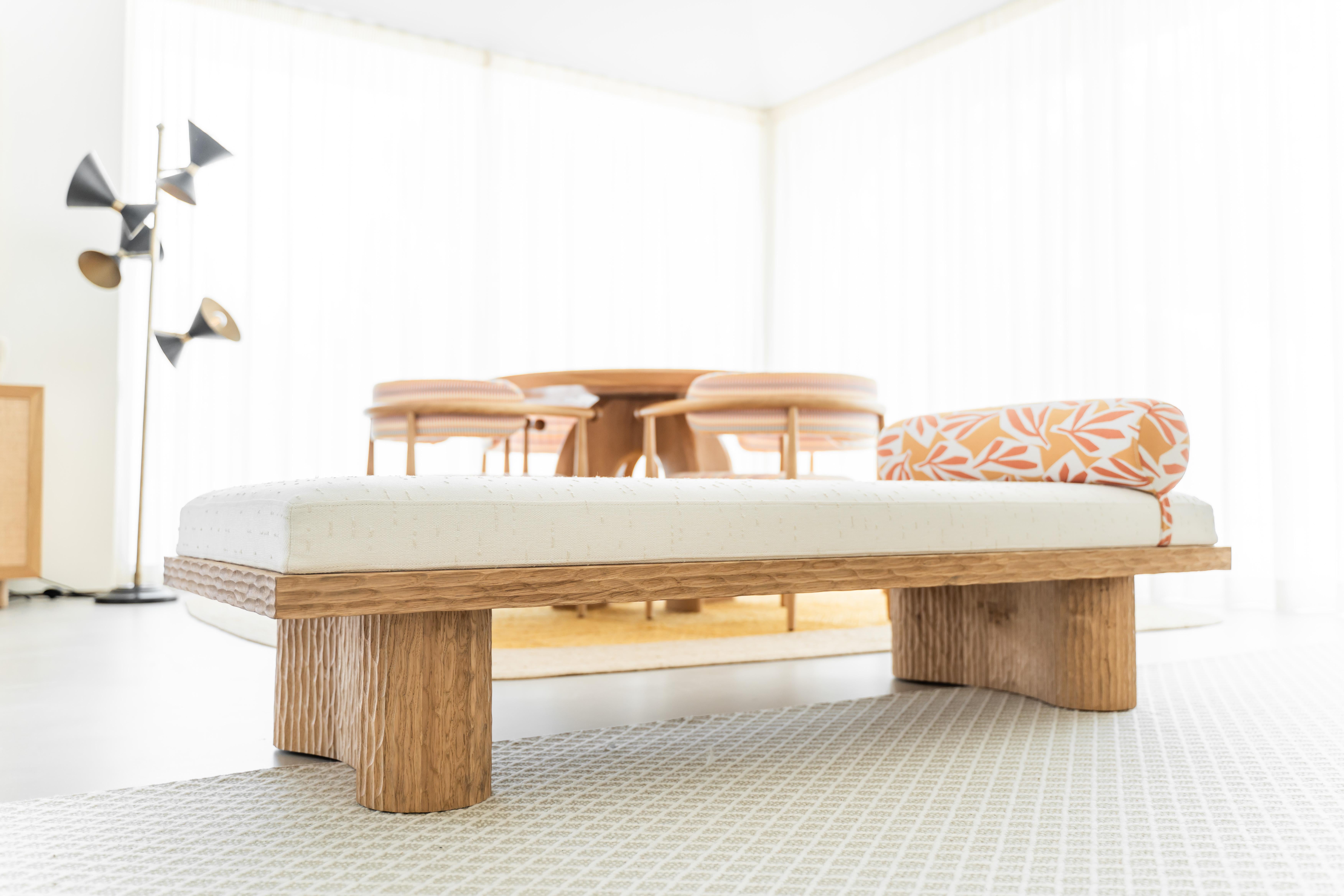 Modern Kumo bench - Solid Oak Stool with Premium Upholstery and Sculptural Detail For Sale