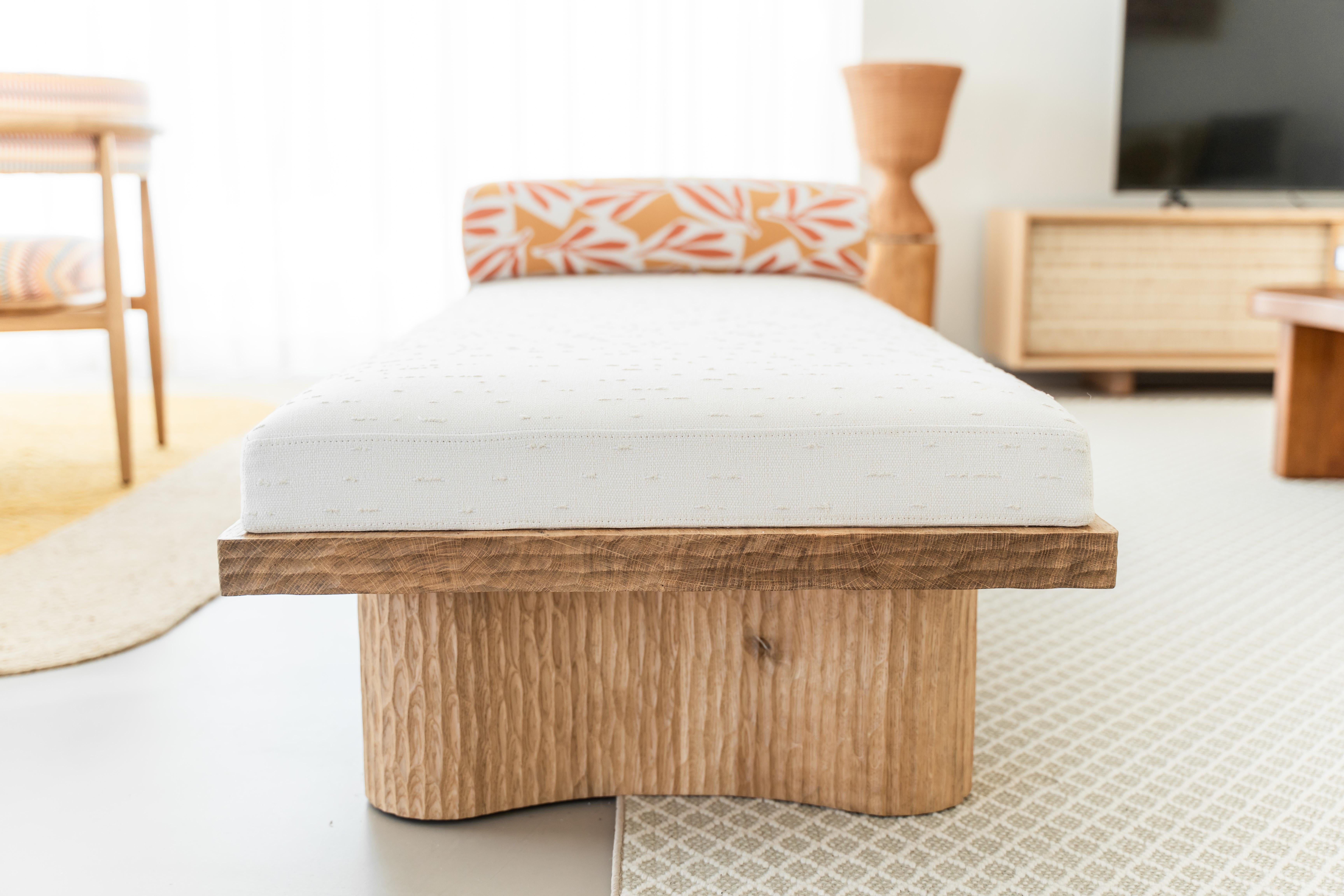 Portuguese Kumo bench - Solid Oak Stool with Premium Upholstery and Sculptural Detail For Sale