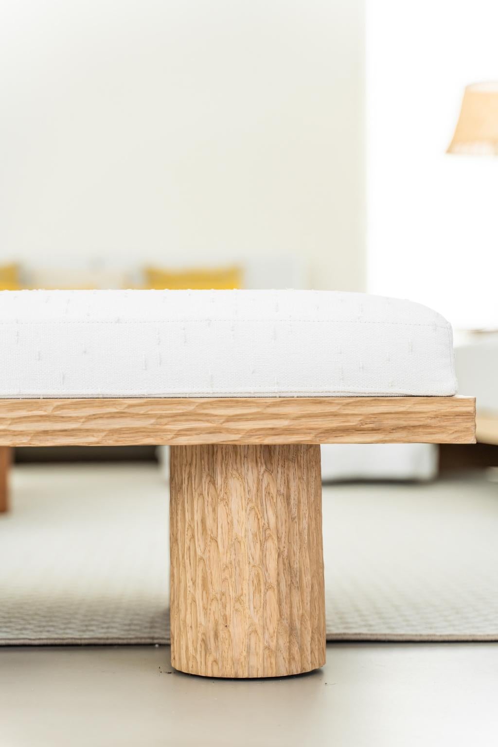 Hand-Crafted Kumo bench - Solid Oak Stool with Premium Upholstery and Sculptural Detail For Sale