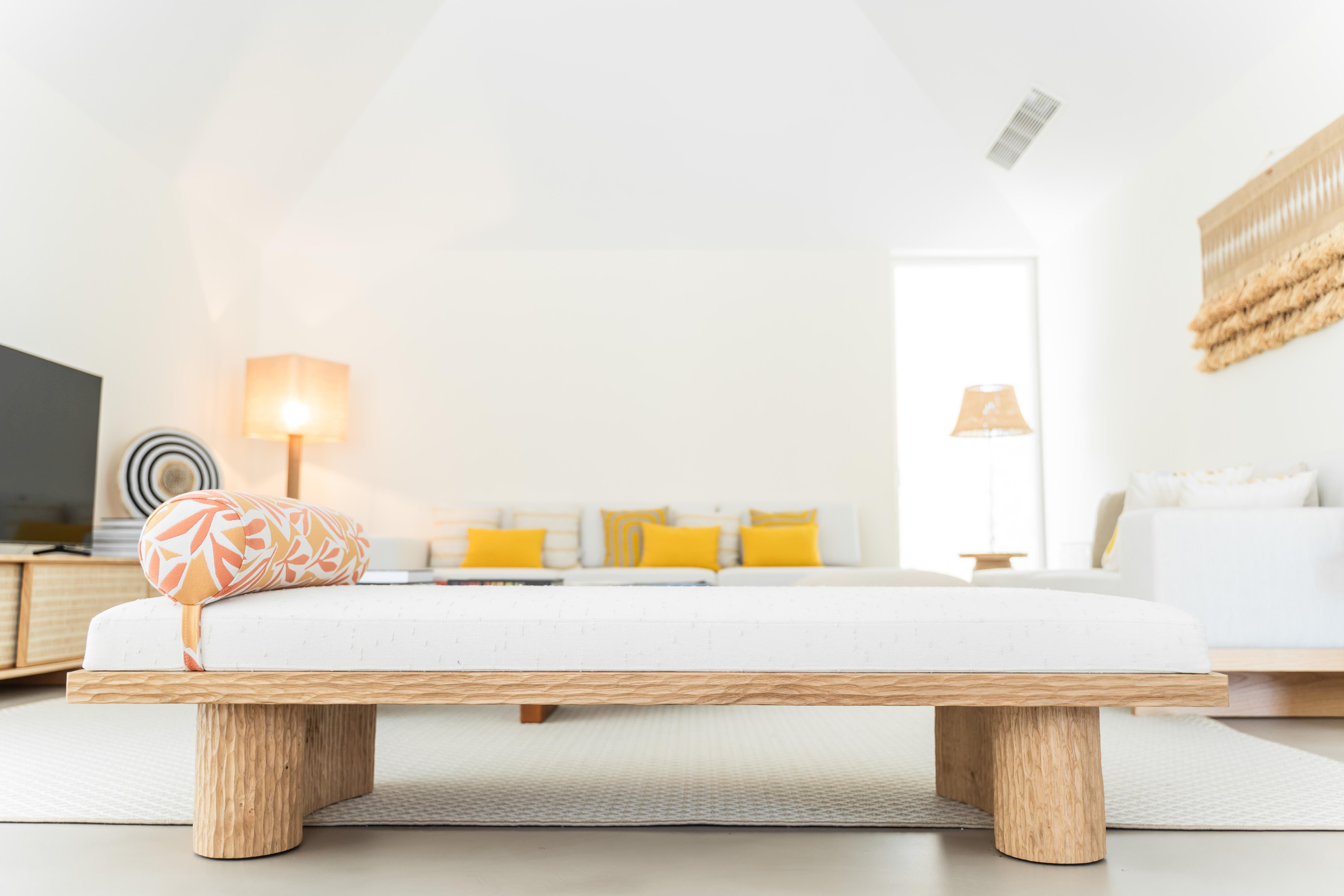 Contemporary Kumo bench - Solid Oak Stool with Premium Upholstery and Sculptural Detail For Sale