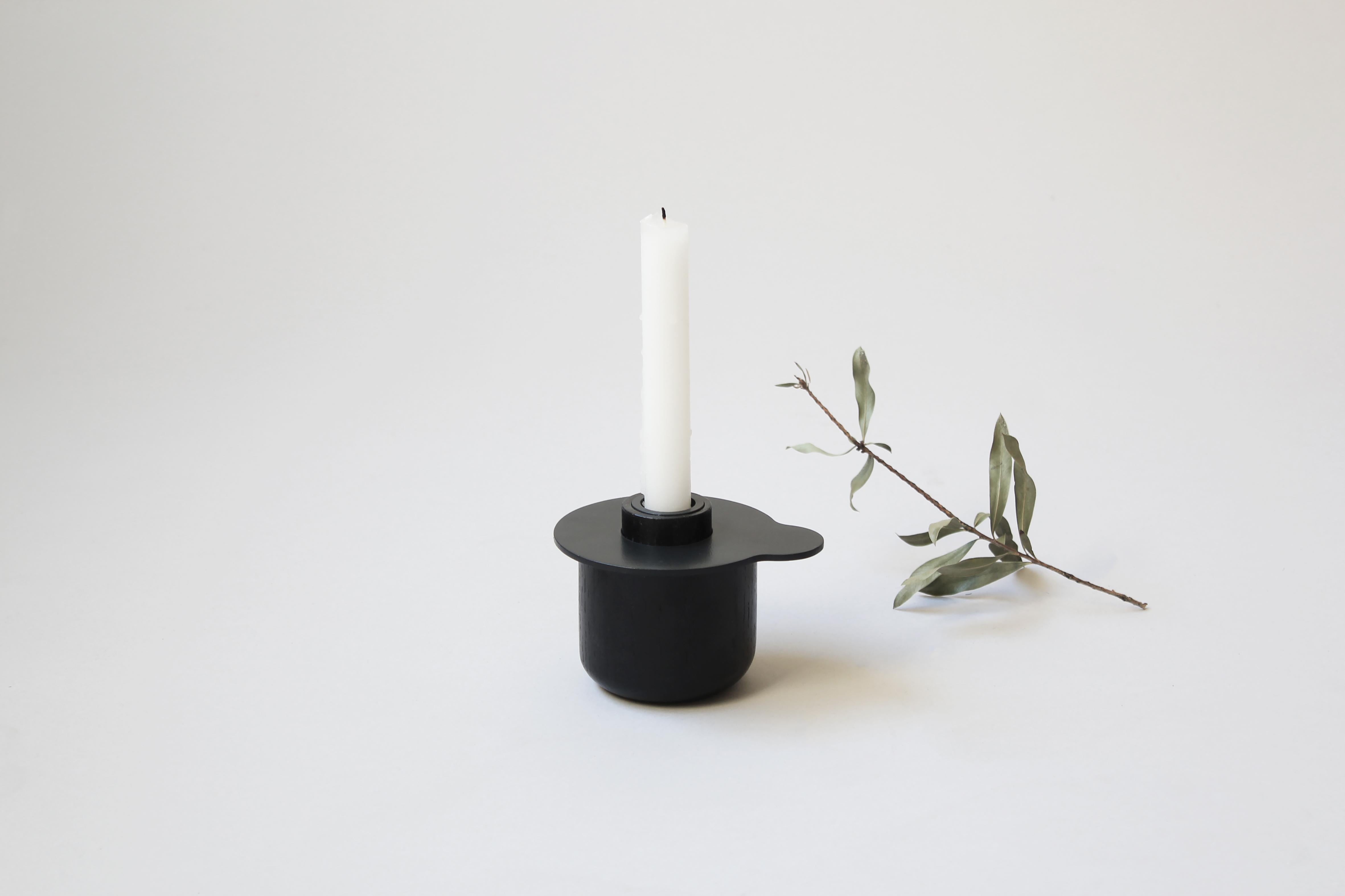Scandinavian Modern Kumo Candle Holder in white oak and 3mm black coated steel  For Sale