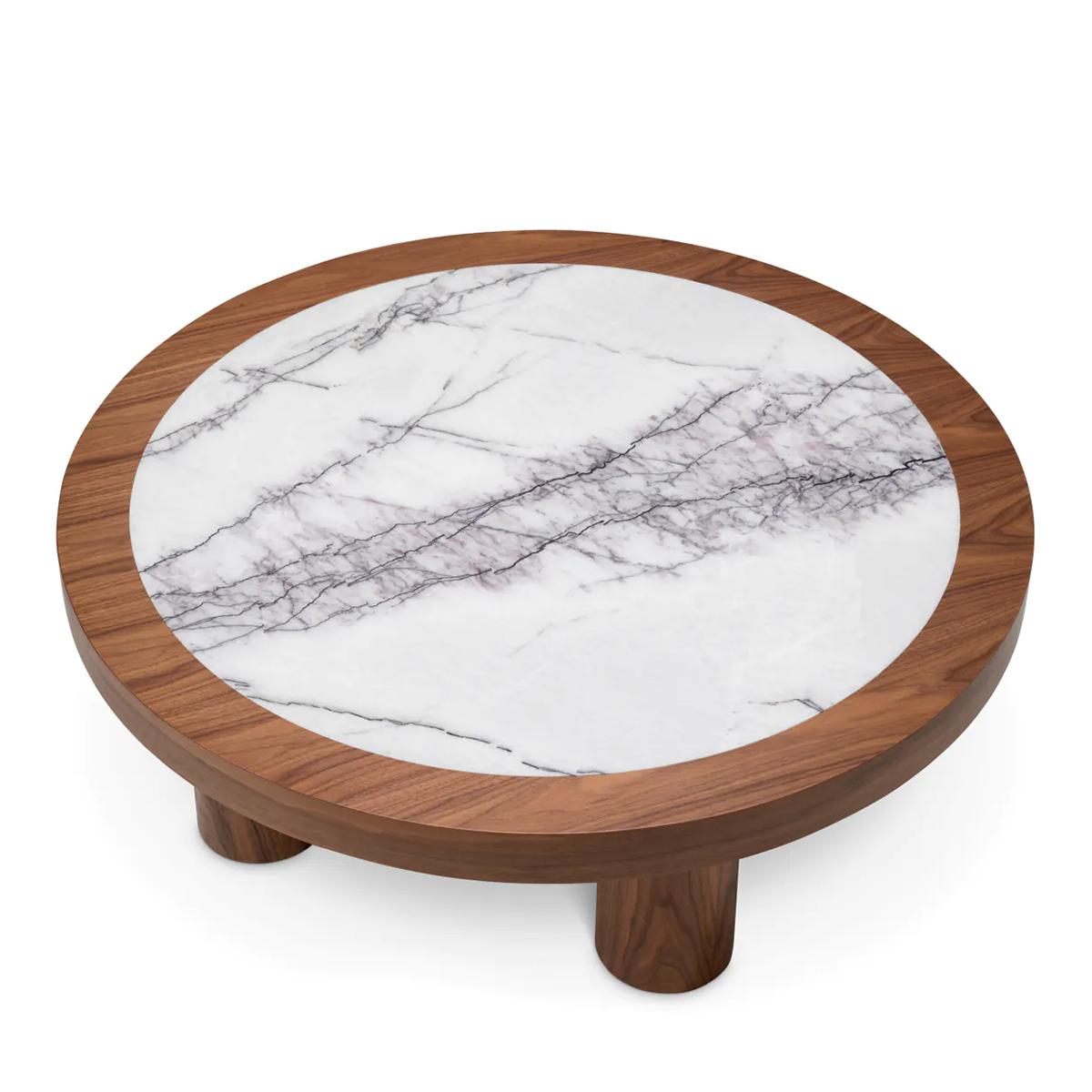 Coffee Table Kumo Walnut with walnut wood veneer
structure and with polished lilac white marble top.