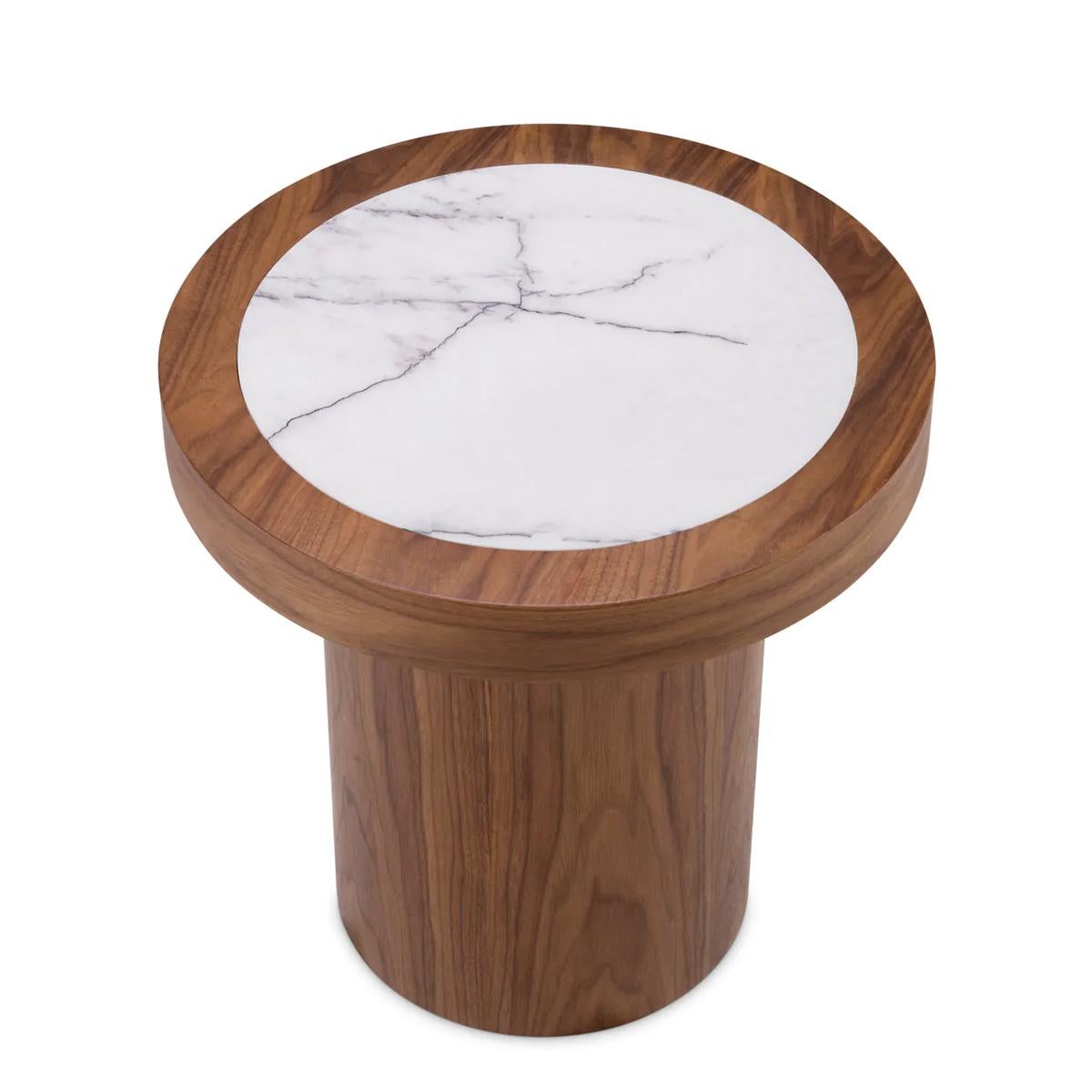 Side Table Kumo Walnut with walnut wood veneer
structure and with polished lilac white marble top.