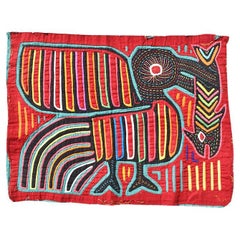 Vintage Kuna Mola Reverse Appliqué Brightly Colored Bird Wall Tapestry, Central America