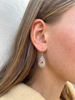 Kundan 18K Gold Moonstone Ruby Drop Earrings by Emma Chapman