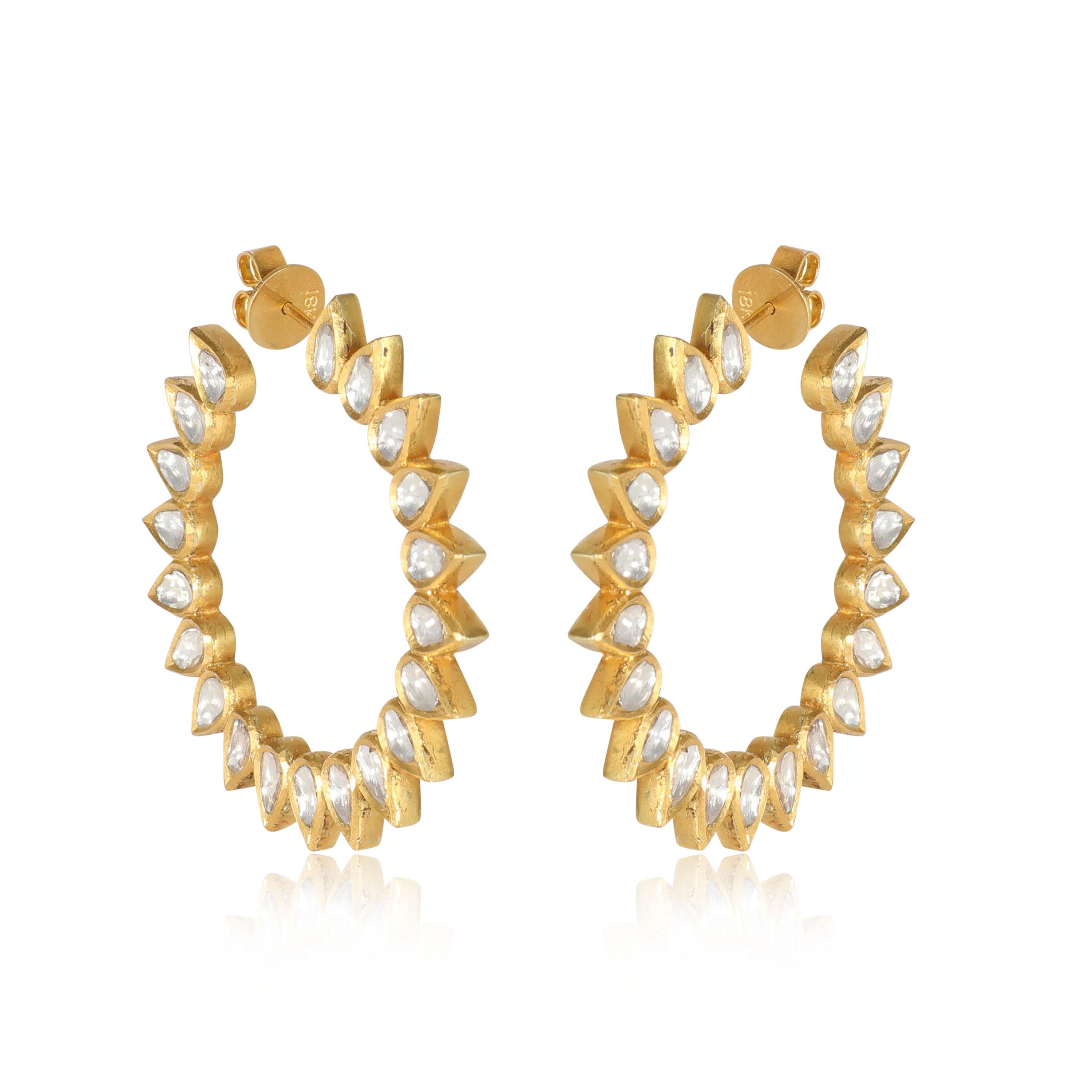 Women's Kundan Vintage Teardrop Diamond Slices Hoop Earring 18k Yellow Gold 3.51 CTW