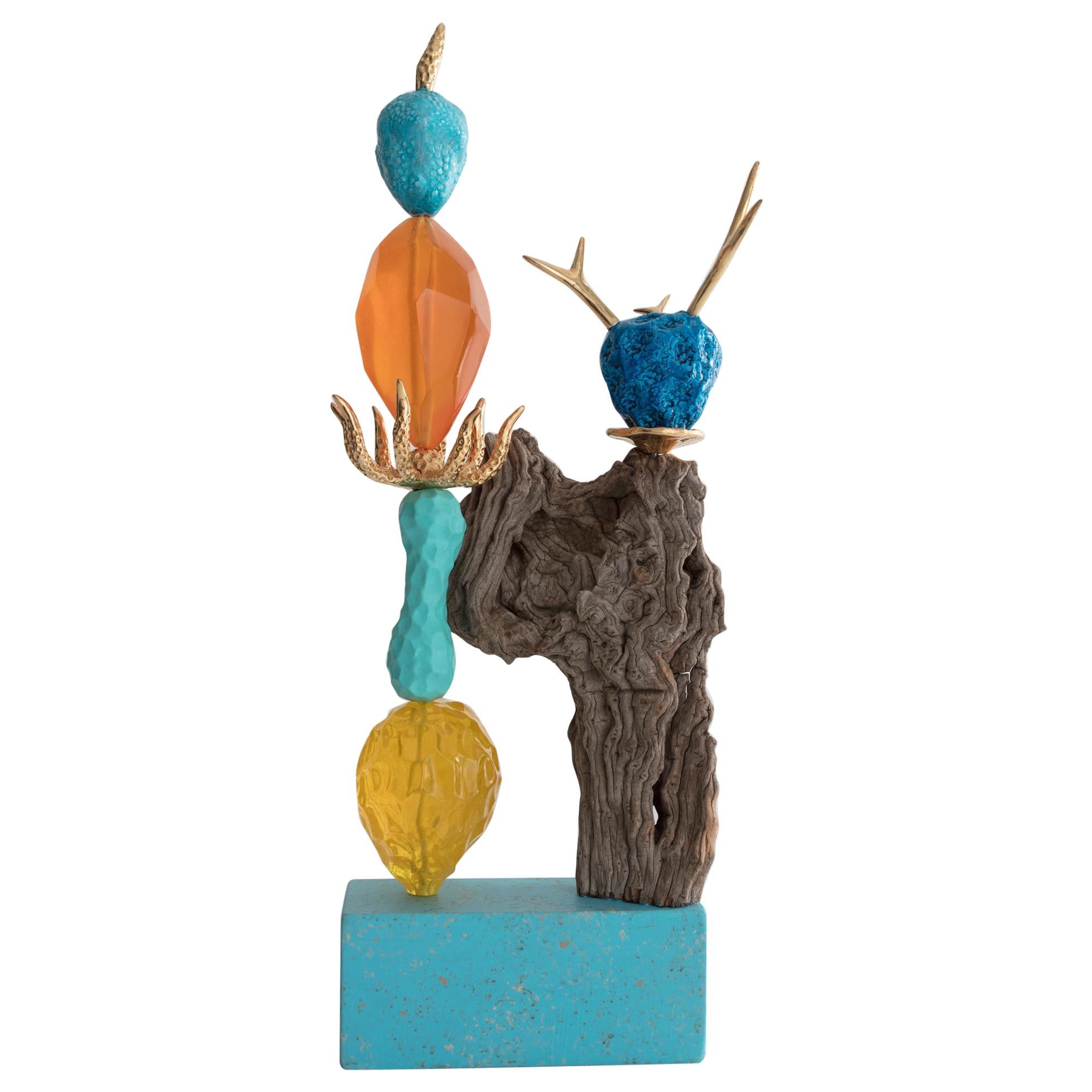 Kuni TOTEM Sculpture in Clay and Resin with Wooden Base by Ashley Hicks, 2018