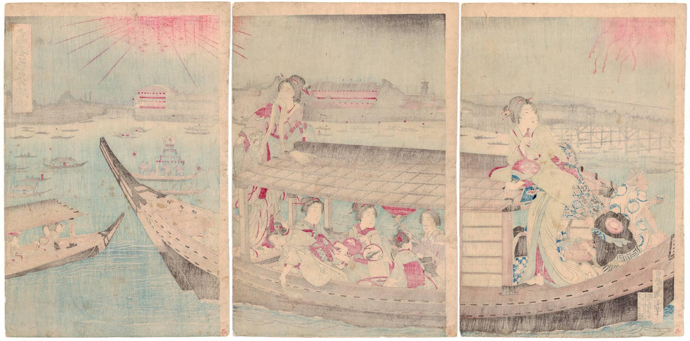 Artist: Kunichika Toyohara (1835-1900)
Title: Fireworks from Summer Pleasure Boat in Ryogoku
Publisher: Takekawa Seikichi
Published: Late 19th century
Size (unmounted): (R) 25.0 x 37.3 (C) 25.2 x 37.3 (L) 25.1 x 37.2 cm

Kunichika Toyohara