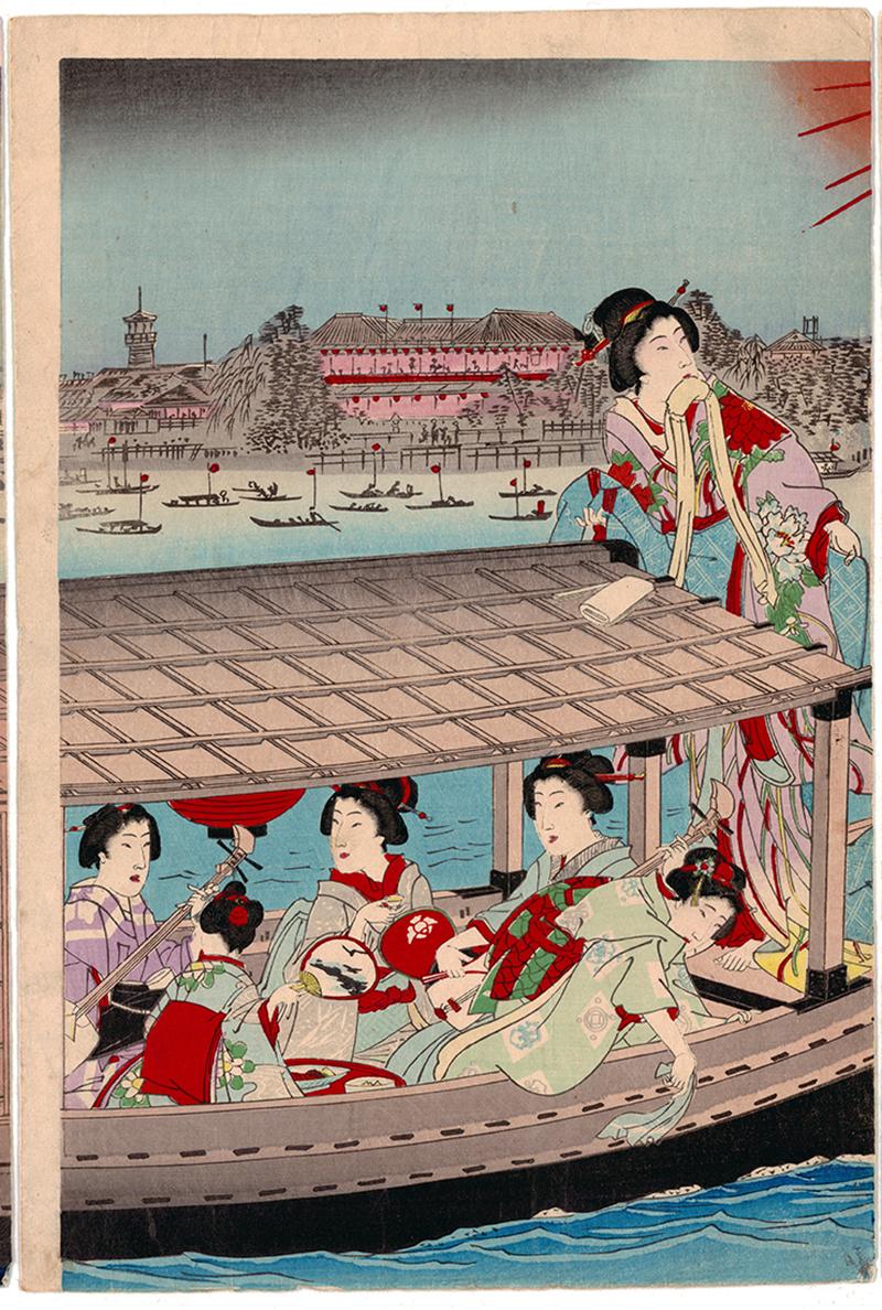 Hand-Crafted Kunichika Toyohara, Fireworks, Summer, 19th Century, Japanese Woodblock Print