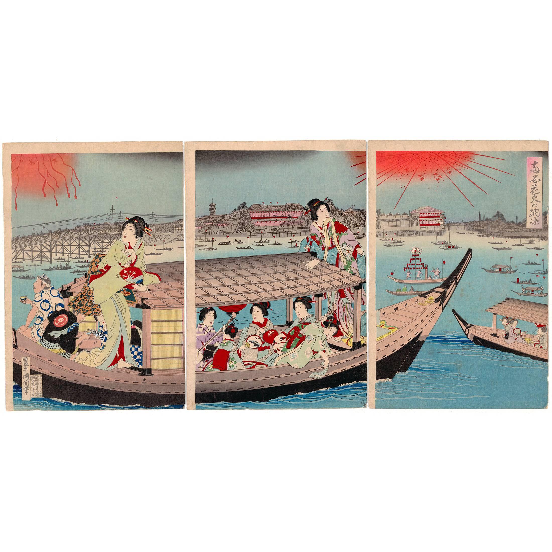 Kunichika Toyohara, Fireworks, Summer, 19th Century, Japanese Woodblock Print