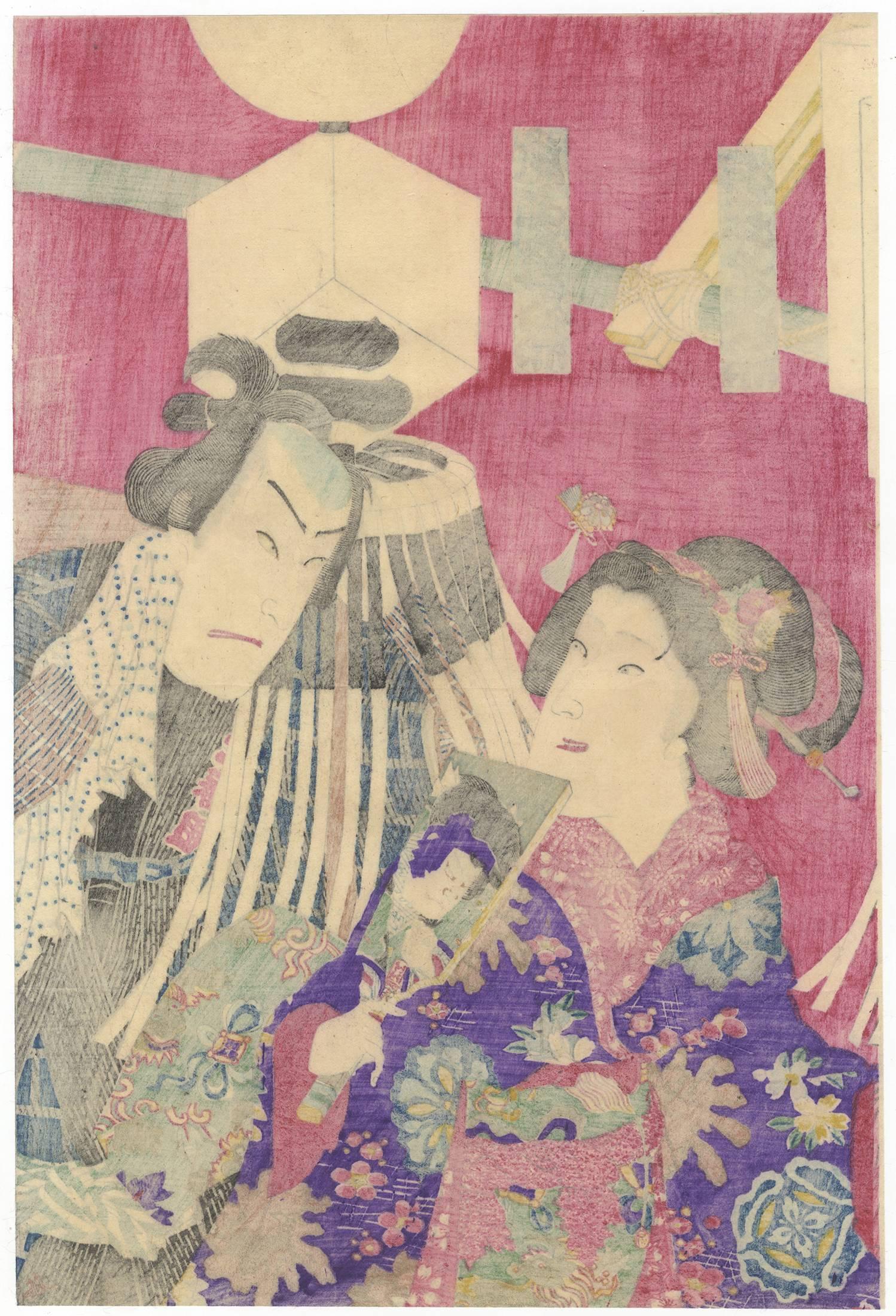 Kunichika Toyohara, Kabuki Actors, Firemen, Original Japanese Woodblock Print In Good Condition For Sale In London, GB