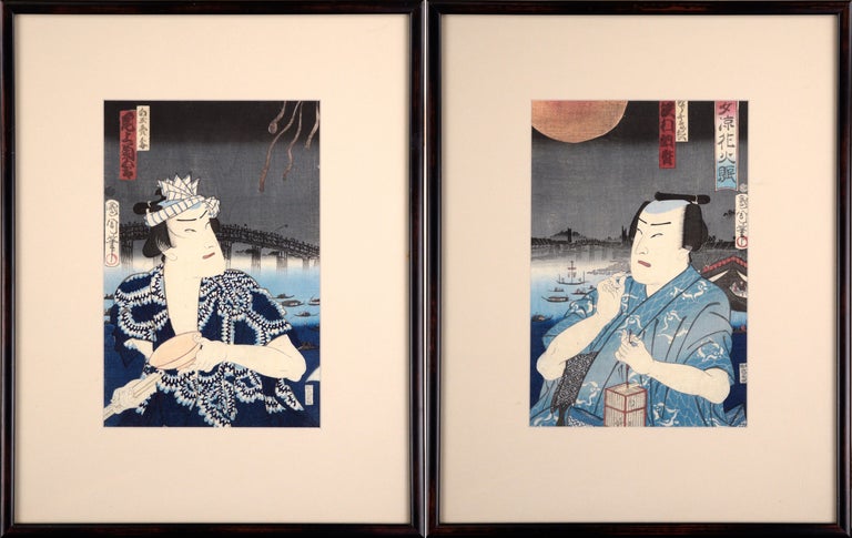 Kunichika Toyohara Figurative Print - Kabuki Actor Diptych, Late 19th Century Figural Japanese Woodblock Prints (Pair)