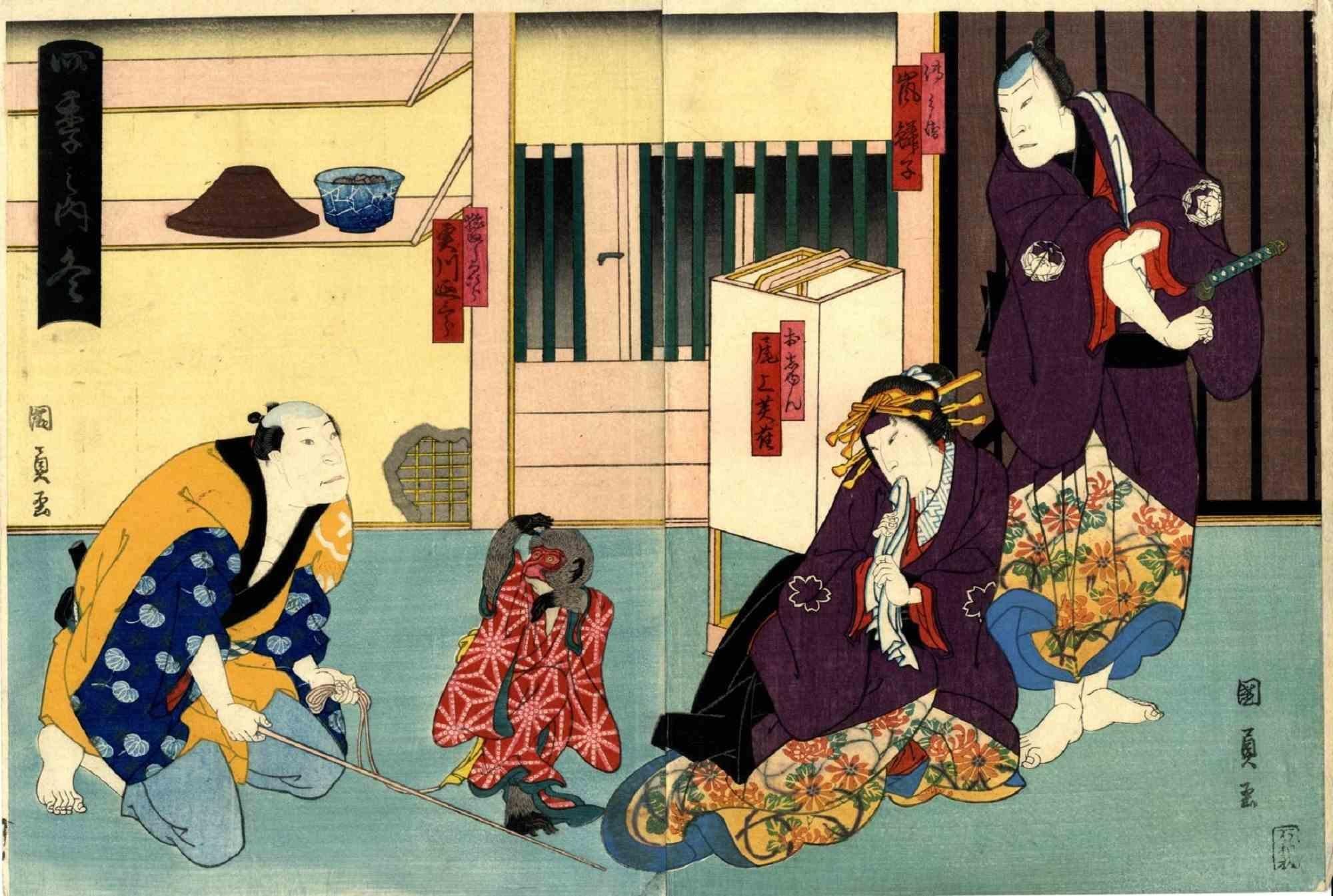 The Winter Leaf is an original modern artwork realized by Kunikazu Utagawa in 1860.

Original Woodcut Print Chuban Dyptich Format, 1860. 

From the series "Shiki no uchi" (Four Seasons), the Winter Leaf. Arashi Rinshi as the rice merchant Denbei,