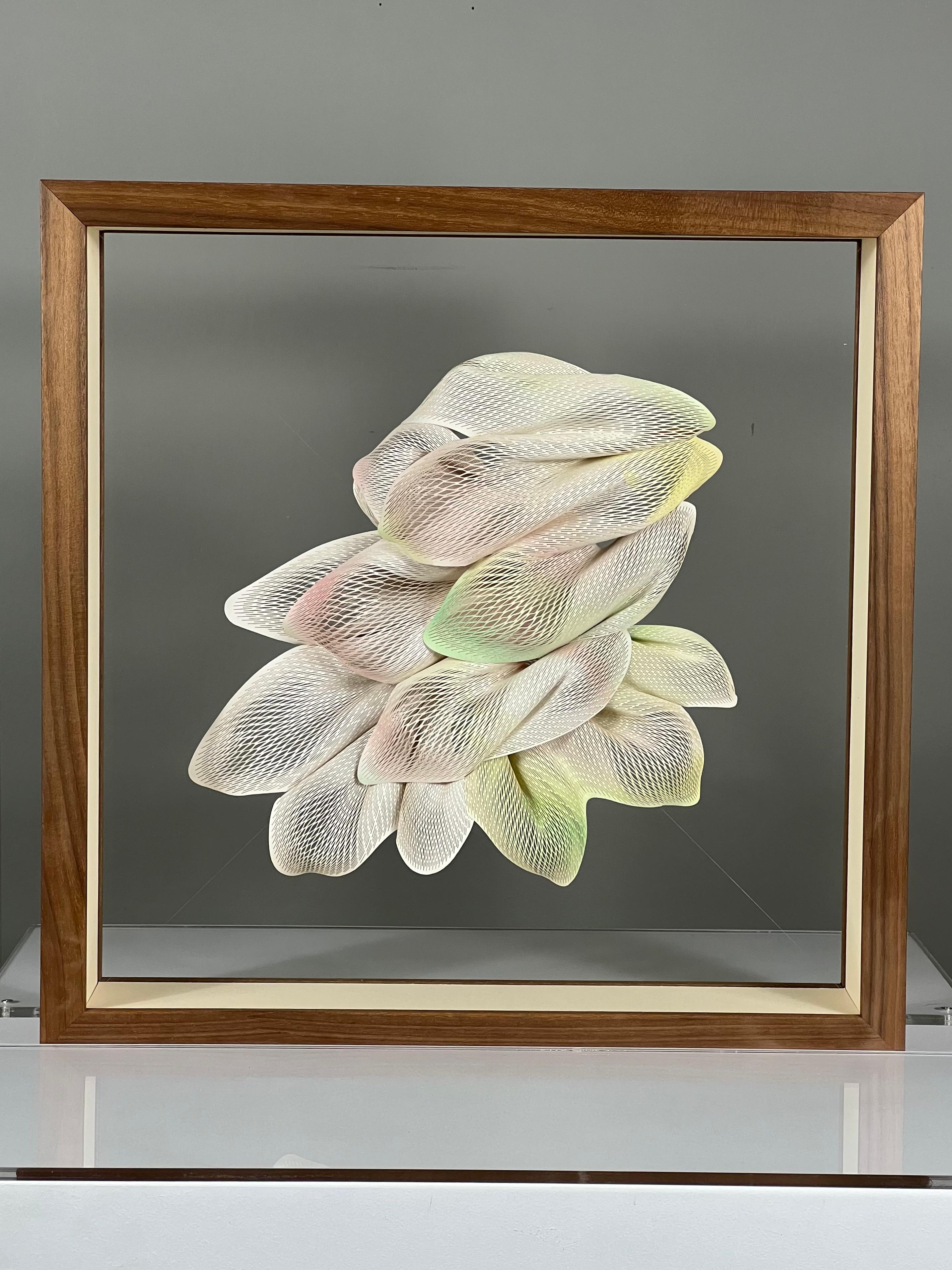 Kuniko Maeda, Lily
Paper, acrylic paint (front), kakishibu paint (back)
40 x 40 x 8 cm
2023

Combining paper cut-outs, acrylic paint and kakishibu (persimmon tannin lacquer), Kuniko Maeda creates elegant, and delicate airy forms, bringing a stunning