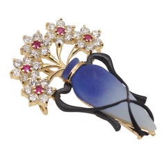 Kunio Nakajima Ruby Diamond Enamel 18K Gold Floral Vase Brooch Pendant