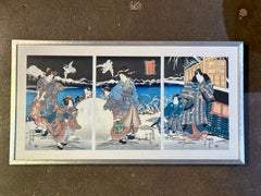 Kunisada II Woodblock Triptych "Twilight Snow at Mount Hira", Edo Period, c 1850