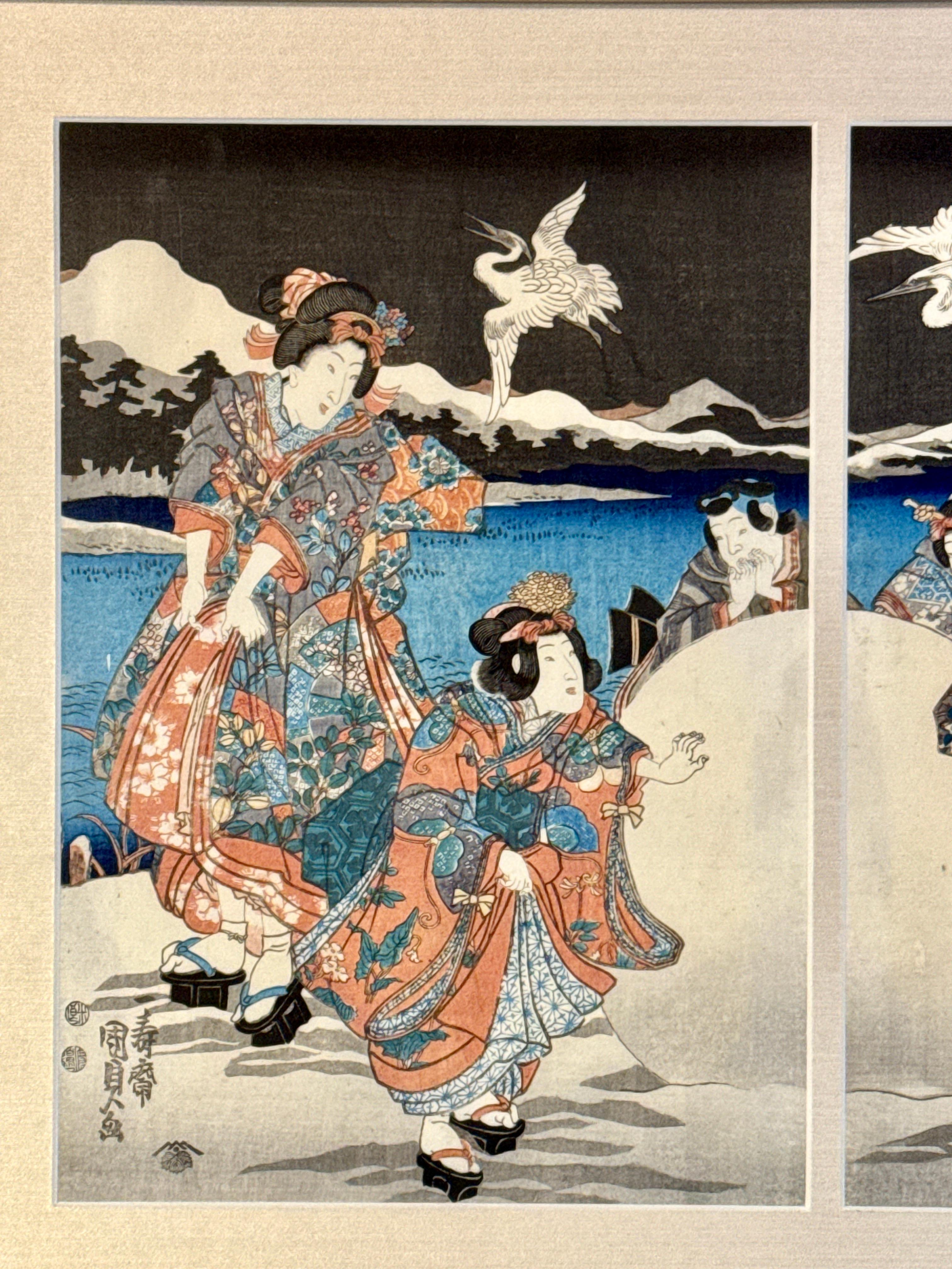 Kunisada II. Holzschnitt- Triptychon „Twilight Snow at Mount Hira“, Edo-Periode, um 1850 (Japanisch) im Angebot
