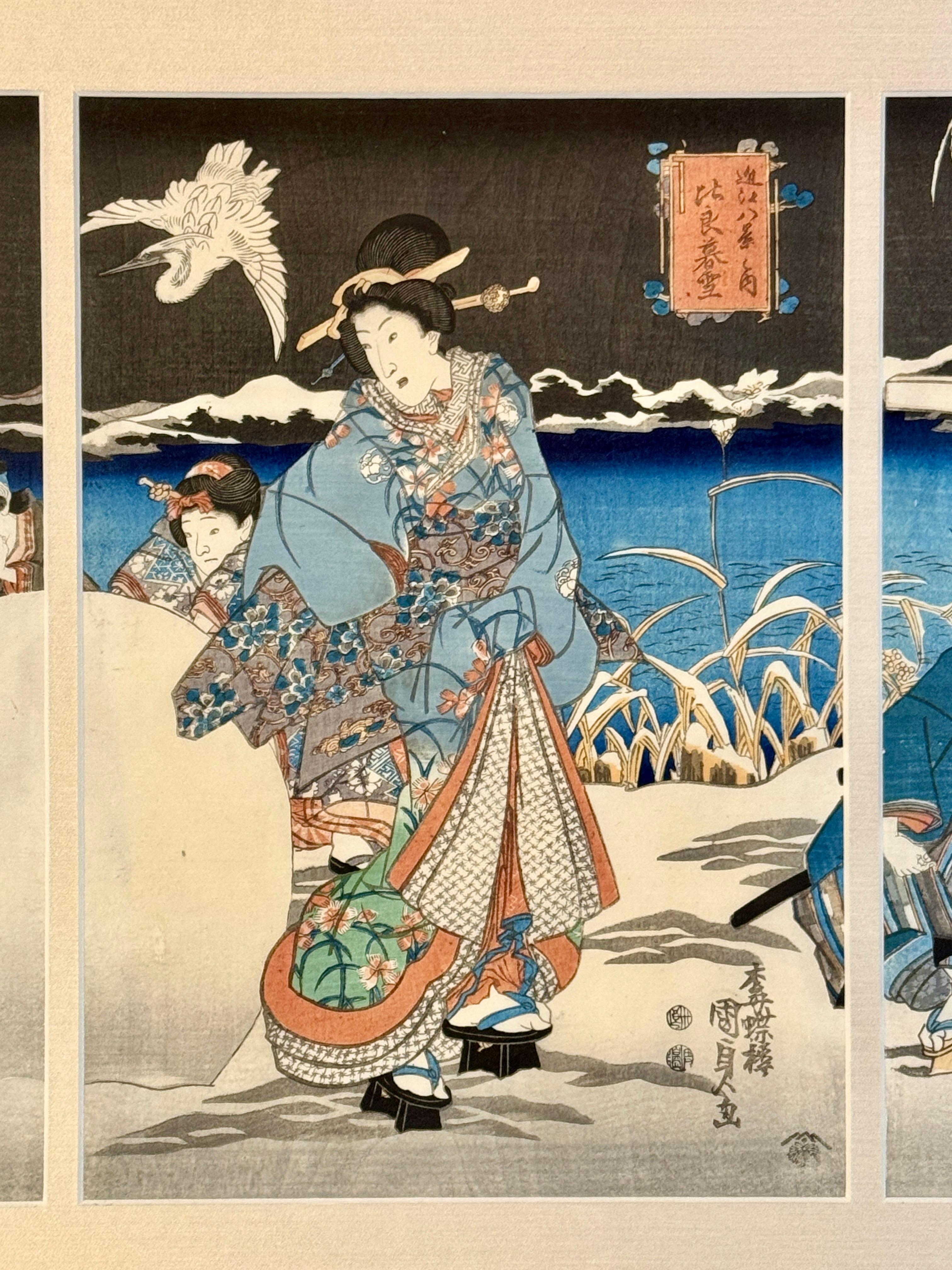 Kunisada II. Holzschnitt- Triptychon „Twilight Snow at Mount Hira“, Edo-Periode, um 1850 im Zustand „Gut“ im Angebot in Austin, TX