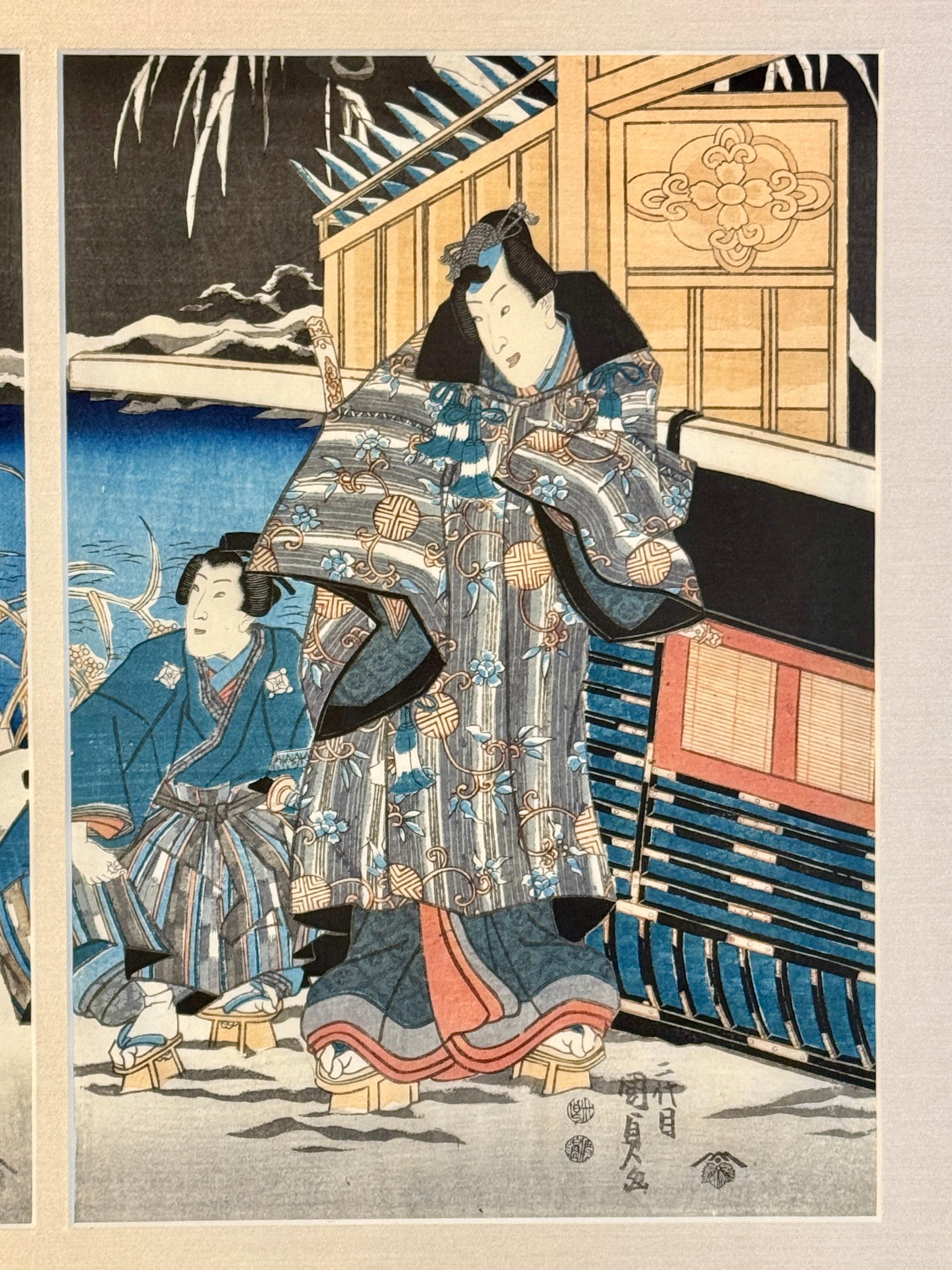 Kunisada II. Holzschnitt- Triptychon „Twilight Snow at Mount Hira“, Edo-Periode, um 1850 (19. Jahrhundert) im Angebot