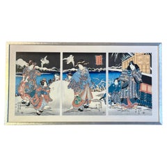 Trittico su legno di Kunisada II "Crepuscolo di neve sul Monte Hira", Periodo Edo, 1850 circa